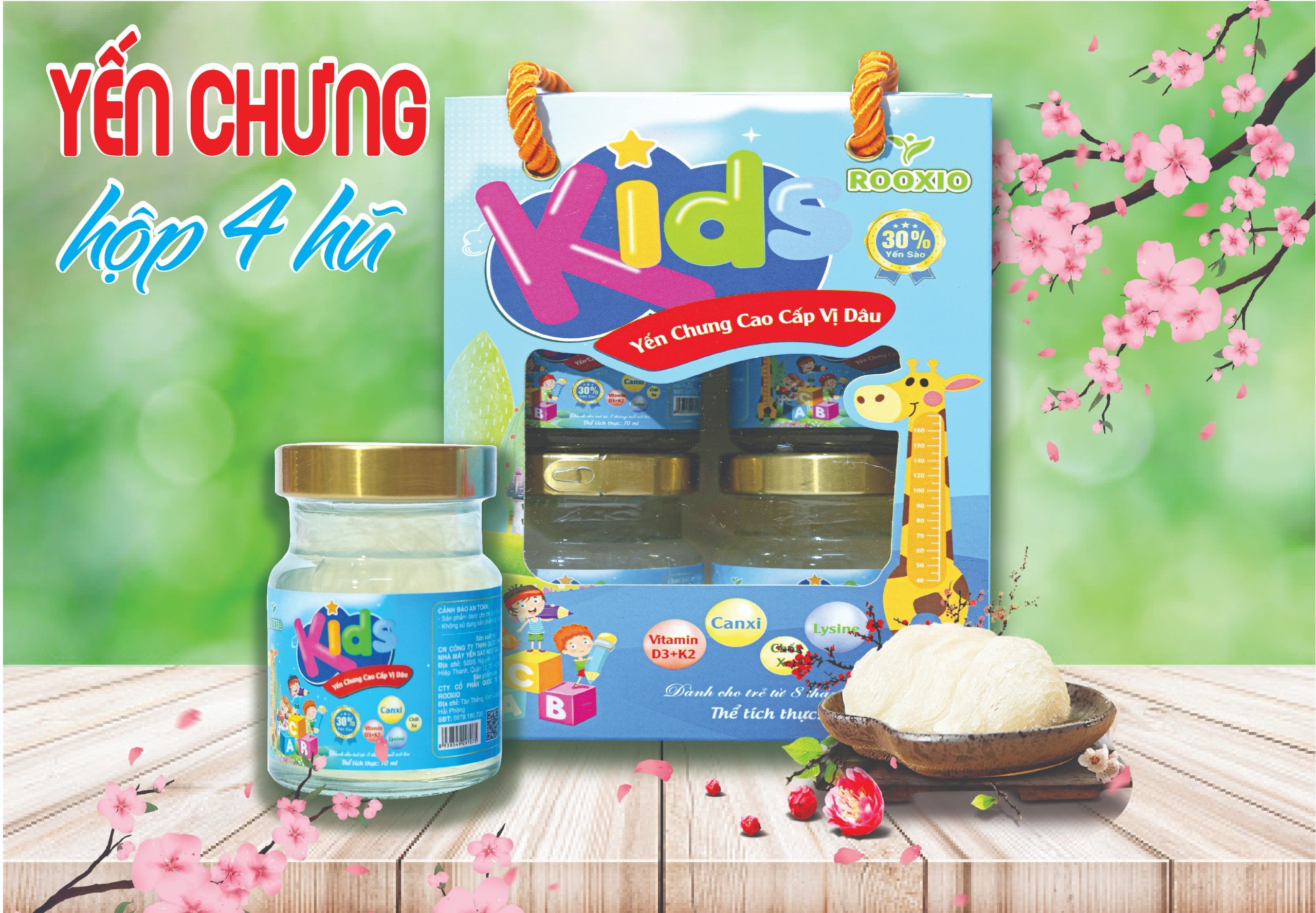 Yến chưng Kids cao cấp vị dâu Rooxio ( hộp 4 hũ )